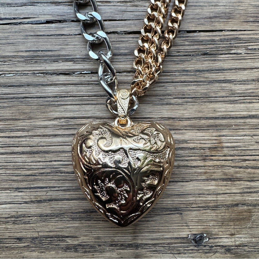 Puffy Heart Necklace Thick Gold & Silver Chain - Picture 4 of 7